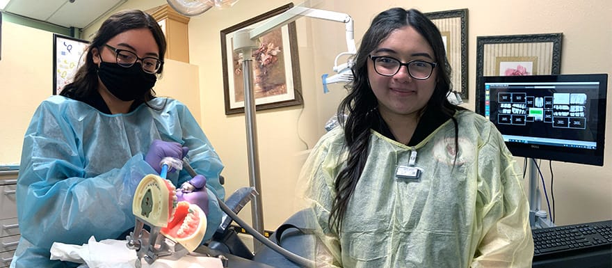 Dental Assistant students in the dental laboratory practicing on fake teeth.