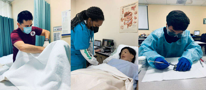 3 different students practicing healthcare techniques while wearing masks and gloves.