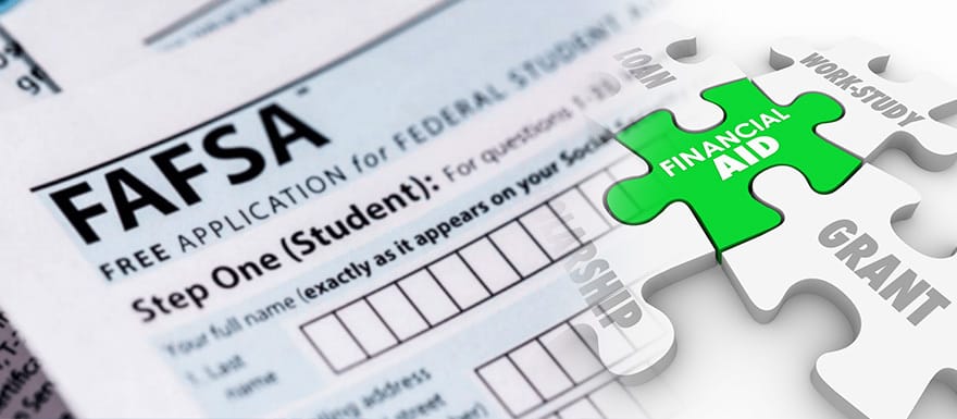 A FAFSA application form with a Financial Aid puzzle on top.