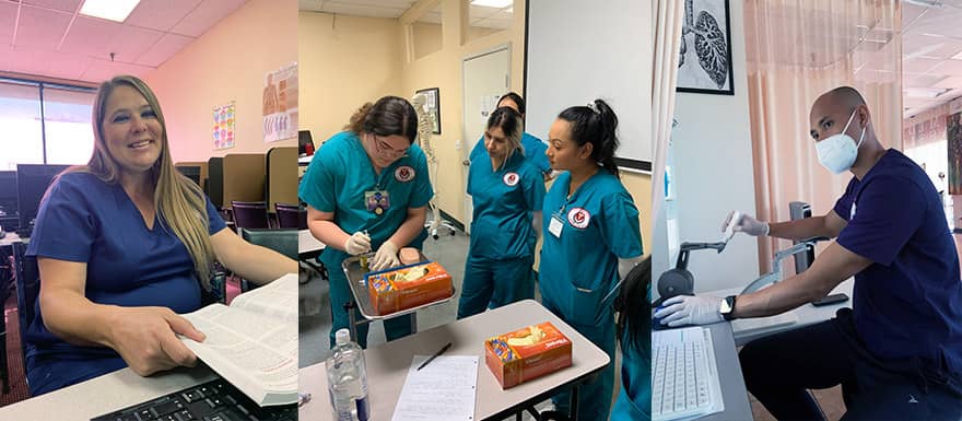 Medical student in a computer lab, medical students observing a demonstration, and a medical student using an ultrasound machine.