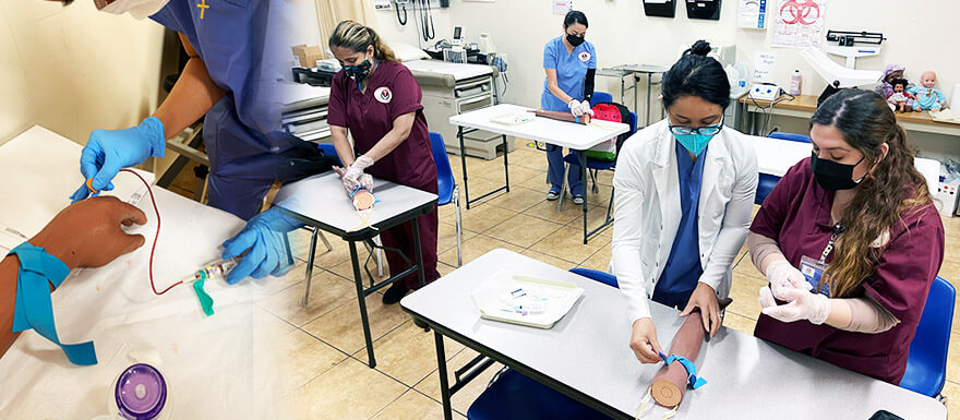 Phlebotomy students learning on a fake arm.