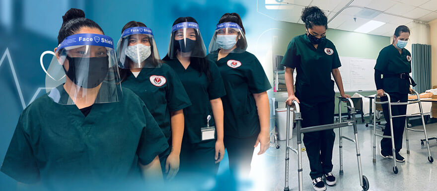 Healthcare Career College students wearing face protection. 