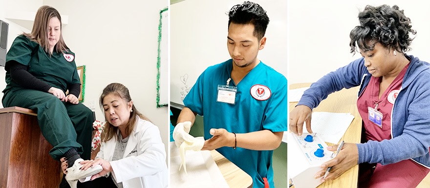 3 different Healthcare Career College students practicing their skills.